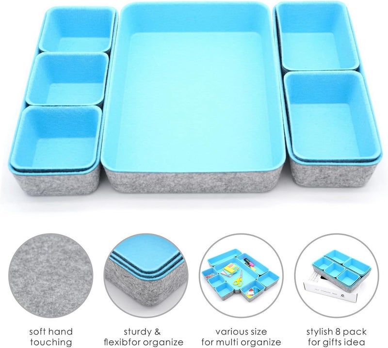 Welaxy Drawer organizers bins dividers storage trays shallow organizing box for office supplies makeup nightstand catchall key holder cozy room decor 8-piece (Baby blue) - Image 3