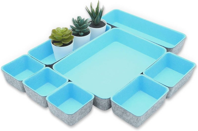 Welaxy Drawer organizers bins dividers storage trays shallow organizing box for office supplies makeup nightstand catchall key holder cozy room decor 8-piece (Baby blue) - Image 2