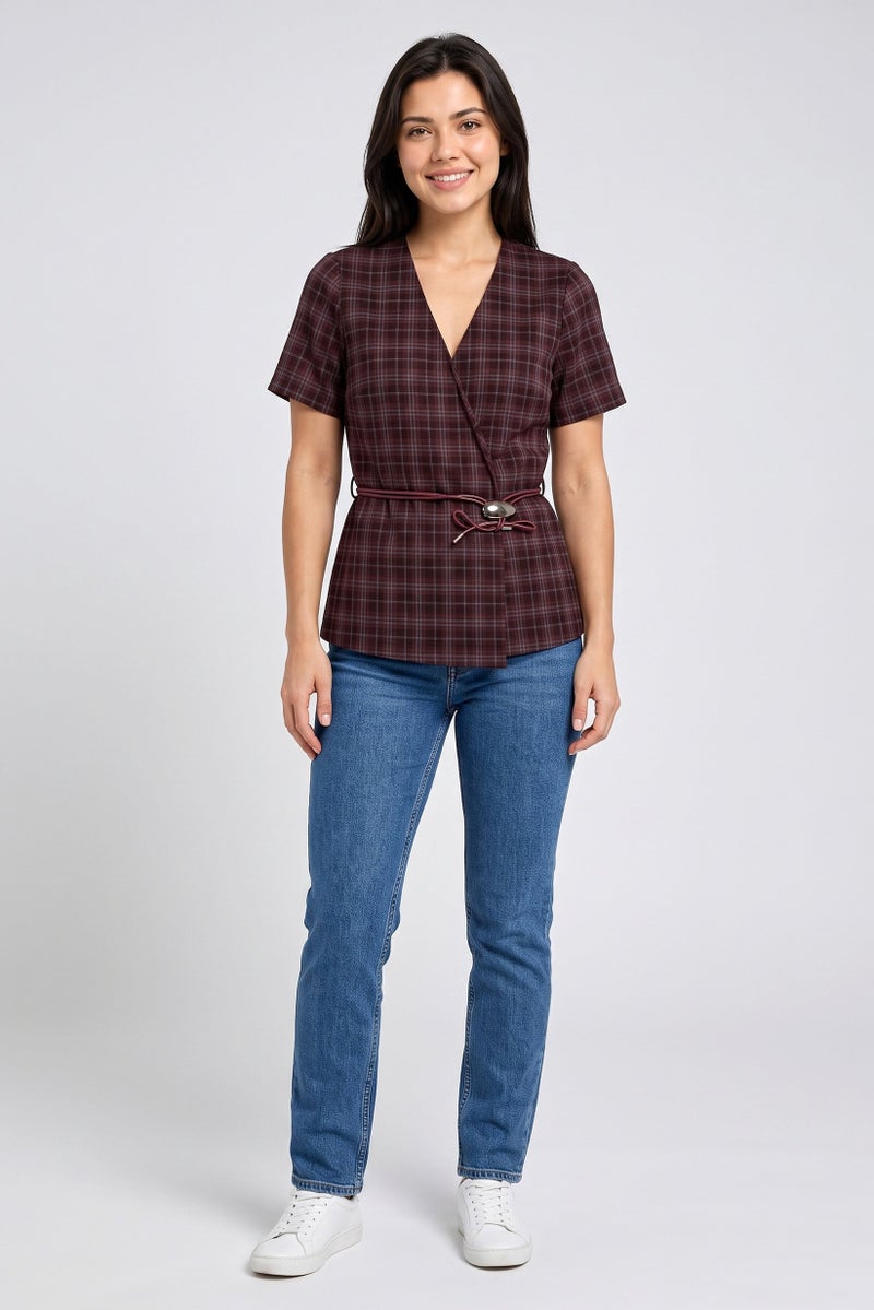 Threadbare Women Regular Fit Plaid Casual Blazer, Maroon - Image 2