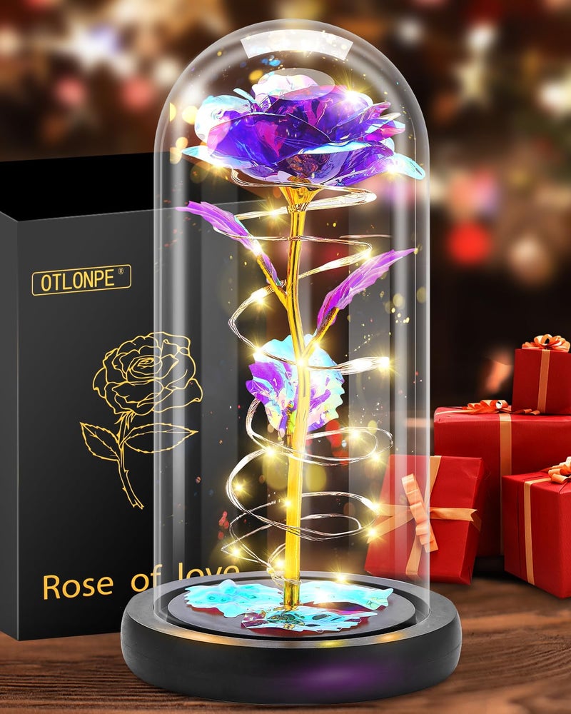 Otlonpe Glass Rose Flower Womens Gifts for Christmas Valentines Day Mothers Day Teacher Appreciation Graduation Birthday Gifts for Women Mom Wife Girlfriend Grandma Sister Teacher Friend Purple