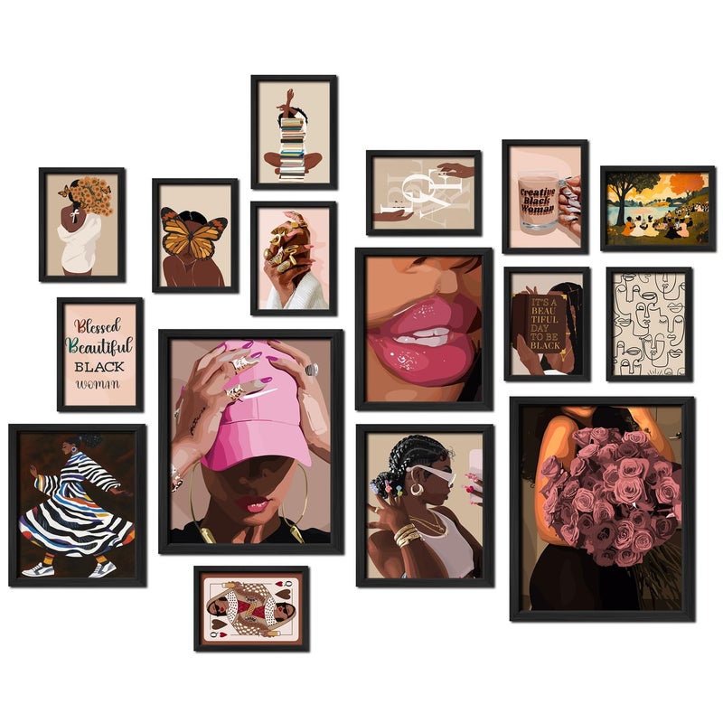 ANERZA 16 PCS Black Girl Wall Art Decor, African American Gallery Wall Prints for Bedroom, Black Woman Posters for Living Room Aesthetic, Black People Collage Kit Pictures, Pink and Black Dorm Home Decor - Image 1