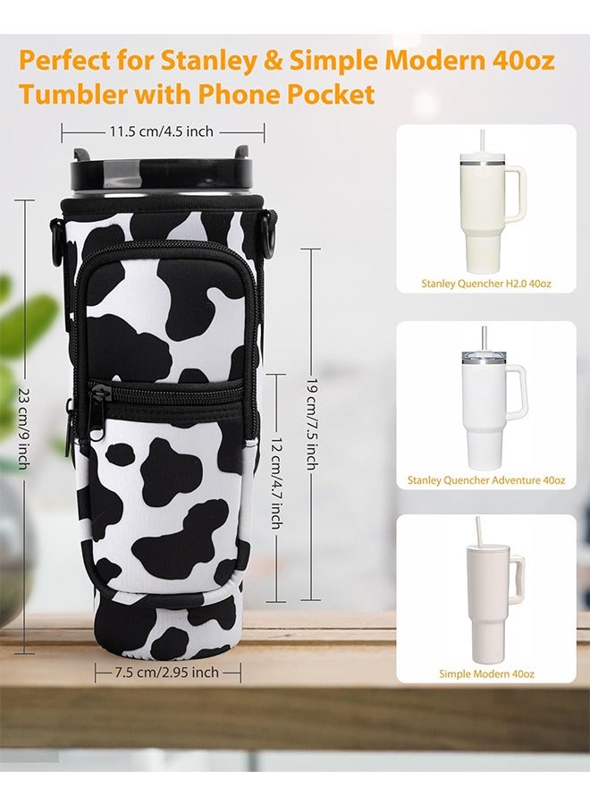 Generic Water Bottle Carrier Bag with Shoulder & Hand Strap, fits for Stanley 40 oz Tumbler，Water Bottle Holder with Bottle Pouch with Straw Cover for Stanley Cup Accessories, Black/White  - Image 2