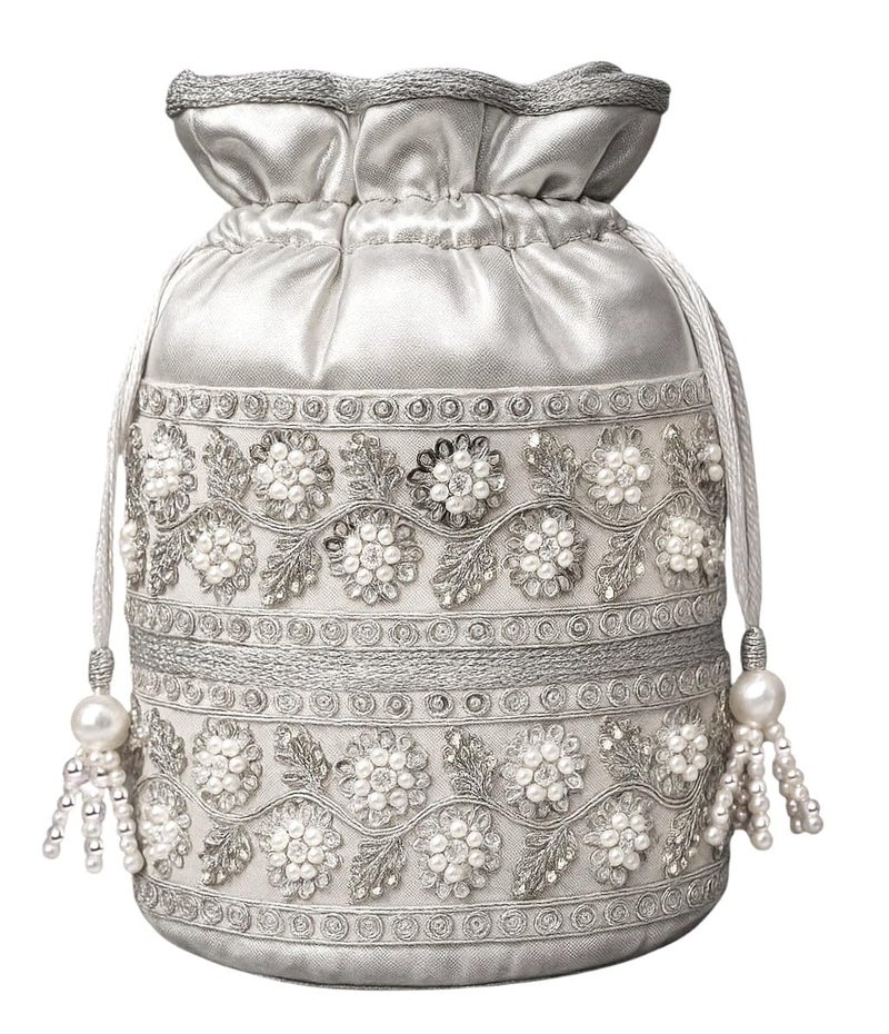 DUCHESS Potli Bags for Ladies for Wedding | Designer Potli Purses for Women | Batua Ladies Potli Bags for Return Gifts | Embroidered Potli Bag for Brides & Festive (Silver) - Image 1