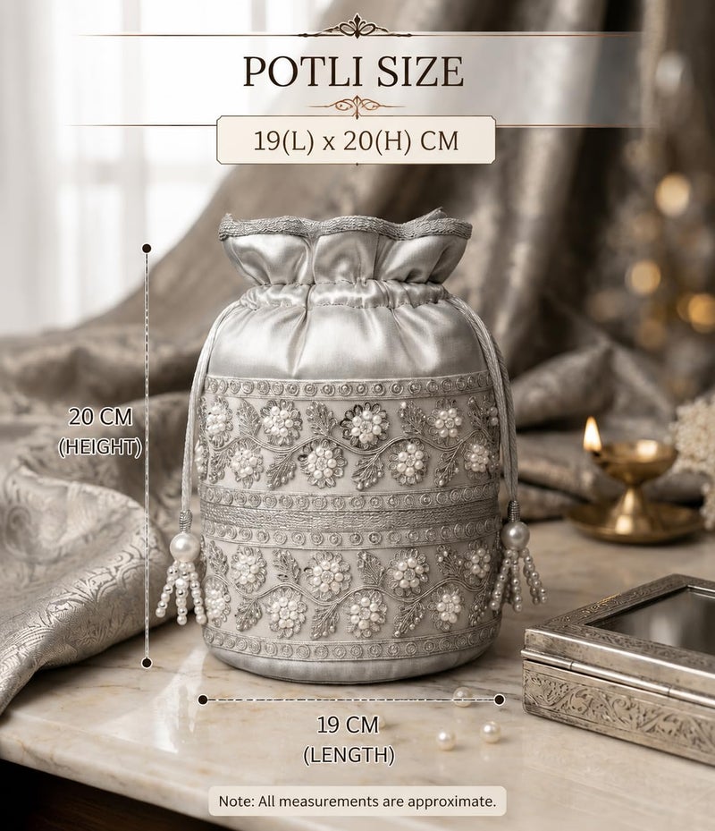 DUCHESS Potli Bags for Ladies for Wedding | Designer Potli Purses for Women | Batua Ladies Potli Bags for Return Gifts | Embroidered Potli Bag for Brides & Festive (Silver) - Image 3