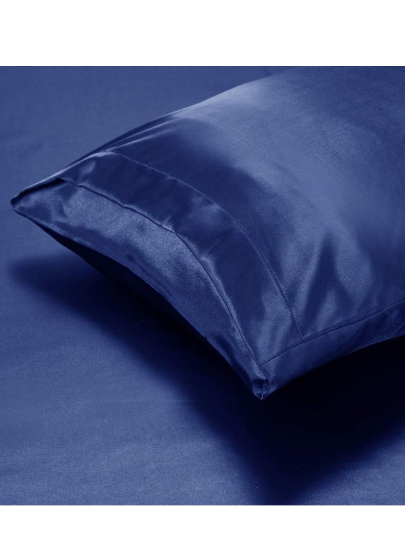 Bedding Duvet Cover Sets, 3 Pieces Satin Bedding Set, Queen Size Silky Duvet Covers Collection, 1x Cooling Duvet Cover 90x90 Inches and 2 Pillowcases, Comforter Not Included - Blue  - Image 2