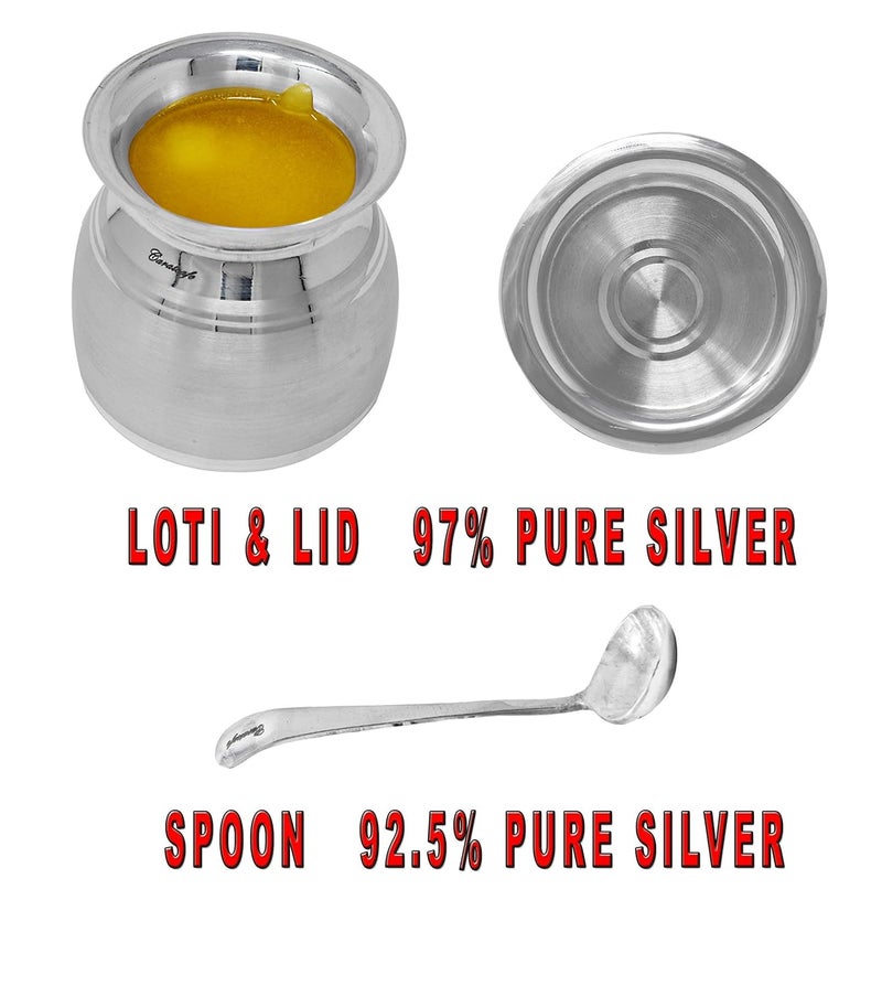 PRD CARATCAFE Pure Silver Pot for Ghee PotOilSugar Table Servings with Lid Spoon Health Safe Hallmark Certified NT WT 8590 Grams - Image 2