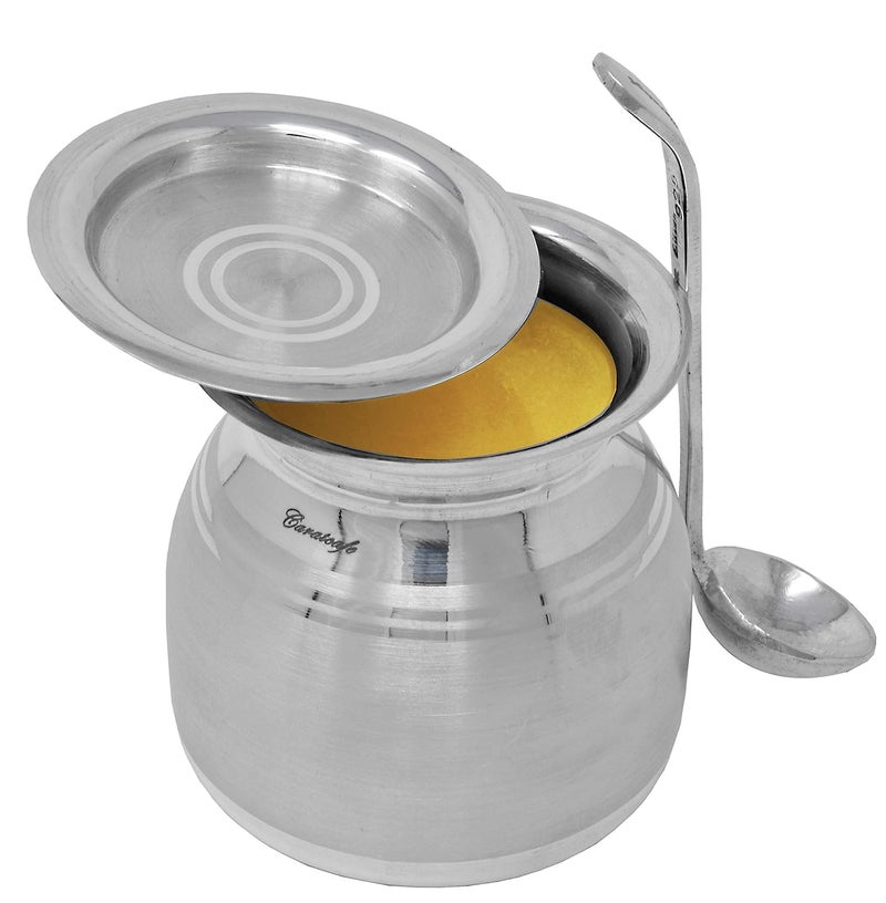 PRD CARATCAFE Pure Silver Pot for Ghee PotOilSugar Table Servings with Lid Spoon Health Safe Hallmark Certified NT WT 8590 Grams - Image 1
