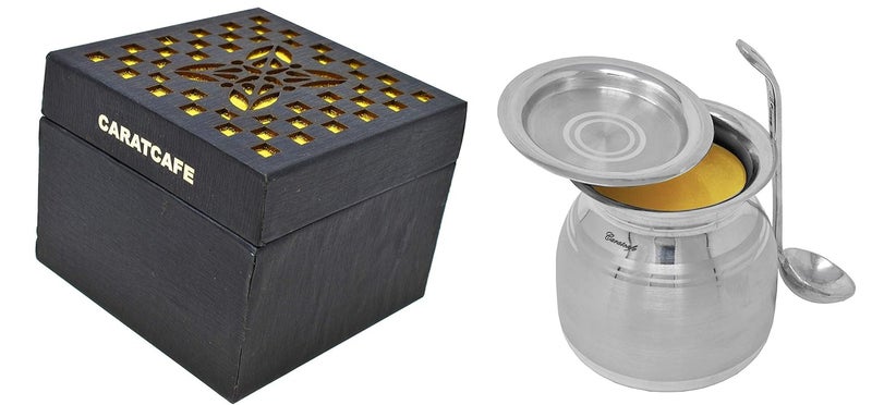 PRD CARATCAFE Pure Silver Pot for Ghee PotOilSugar Table Servings with Lid Spoon Health Safe Hallmark Certified NT WT 8590 Grams - Image 4