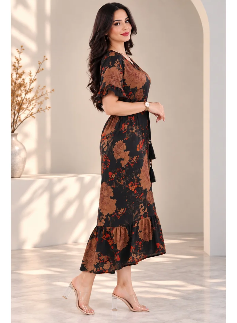 NinEx Women Floral Print Maxi Jalabiya Dress with Ruffle Hem