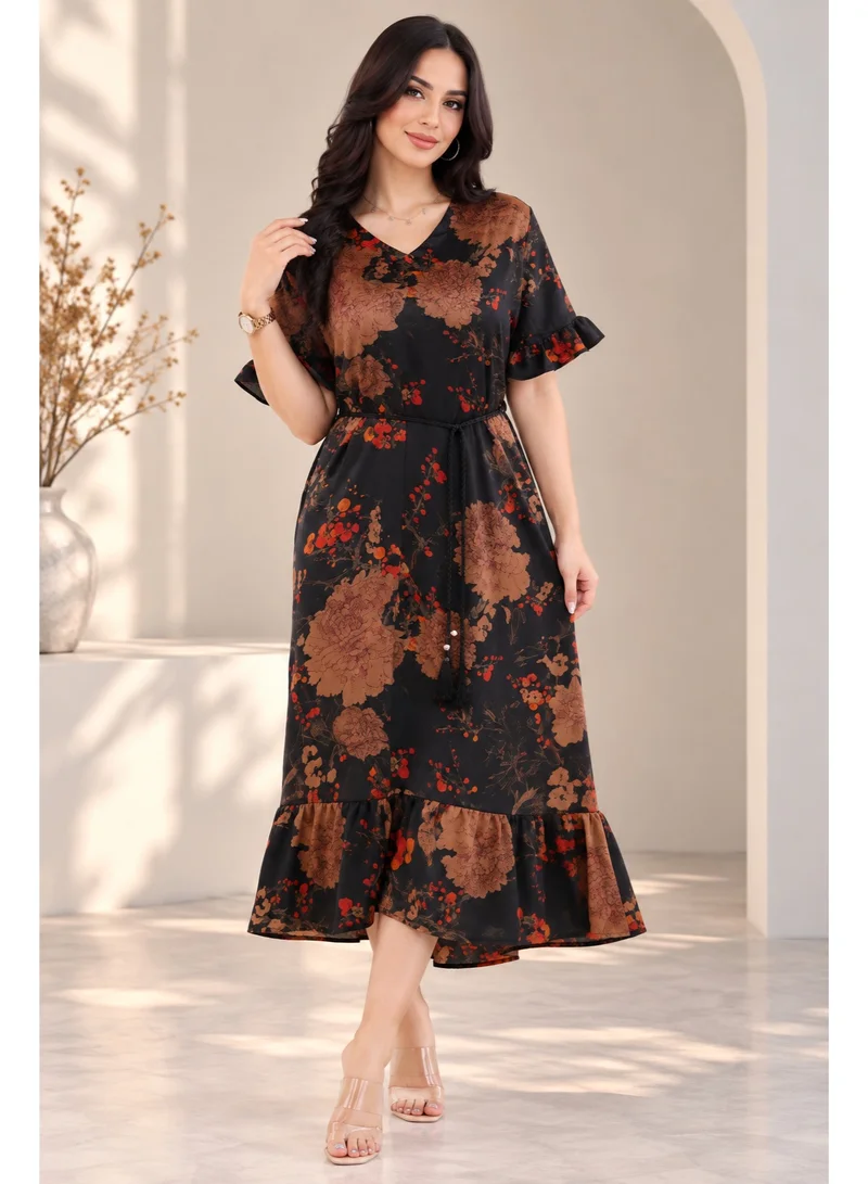 NinEx Women Floral Print Maxi Jalabiya Dress with Ruffle Hem