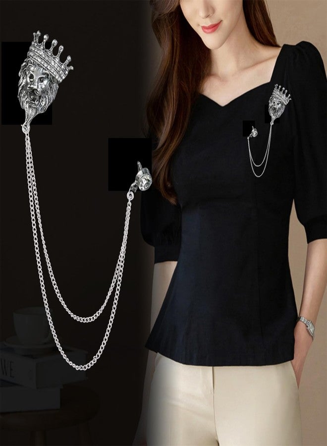 IS4U Vintage Leopard Head Chain Brooch Lion Head Rhinestone Crown Fringe Pin Punk Style Cool Animal Head Collar Fringe Suit Pin Men's Shirt Pin Corsage (Silver) - Image 4