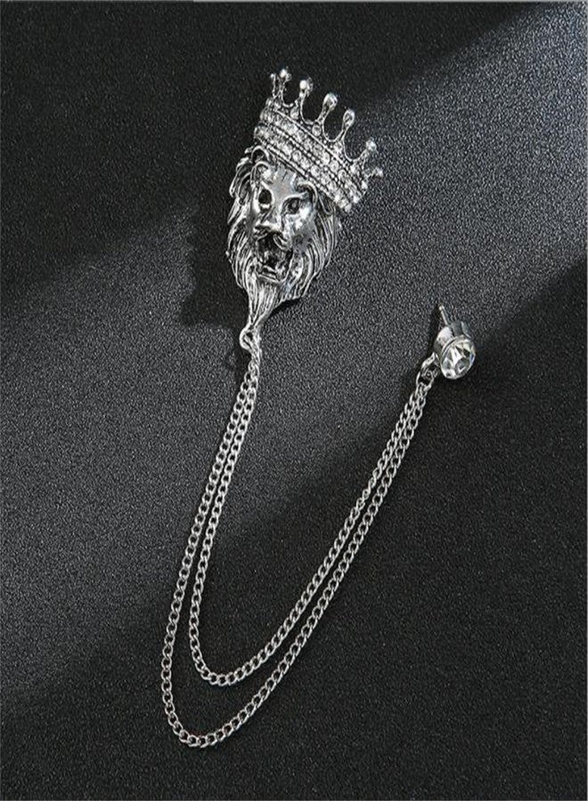 IS4U Vintage Leopard Head Chain Brooch Lion Head Rhinestone Crown Fringe Pin Punk Style Cool Animal Head Collar Fringe Suit Pin Men's Shirt Pin Corsage (Silver) - Image 2