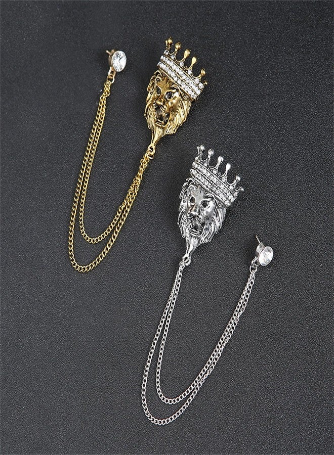 IS4U Vintage Leopard Head Chain Brooch Lion Head Rhinestone Crown Fringe Pin Punk Style Cool Animal Head Collar Fringe Suit Pin Men's Shirt Pin Corsage (Silver) - Image 5