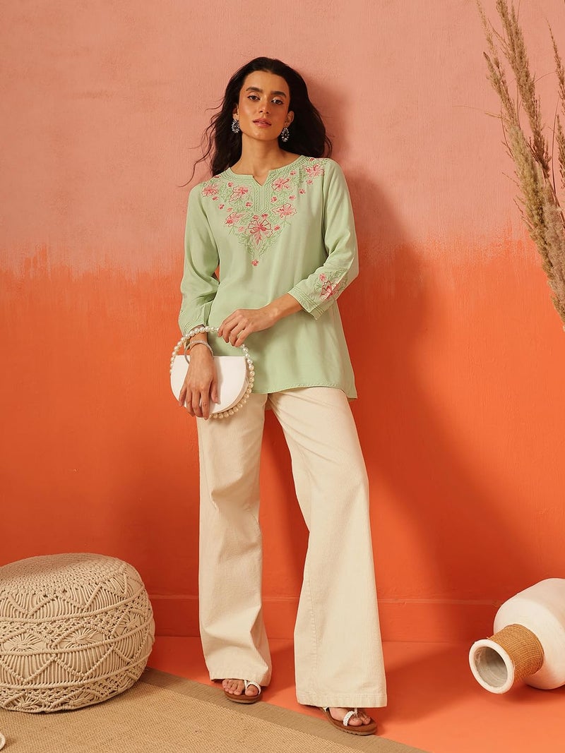 QAZMI Women's Kashmiri A-Line Pastel Green Kurti_M - Image 5