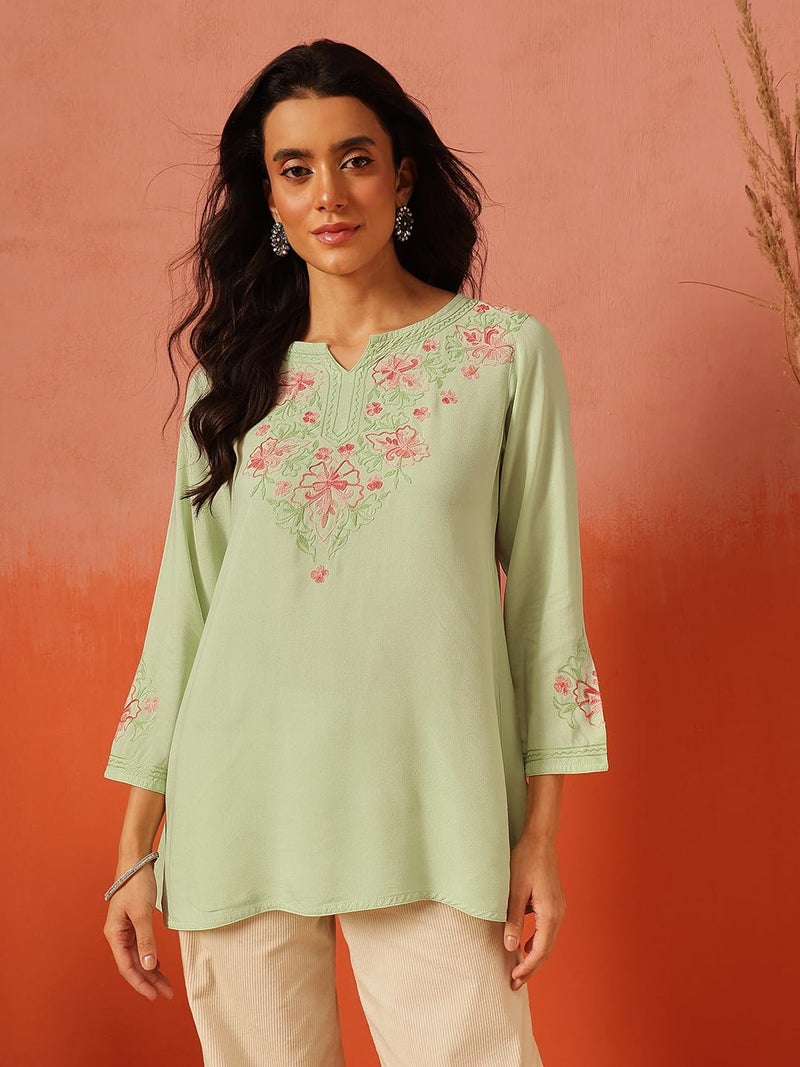 QAZMI Women's Kashmiri A-Line Pastel Green Kurti_M - Image 3