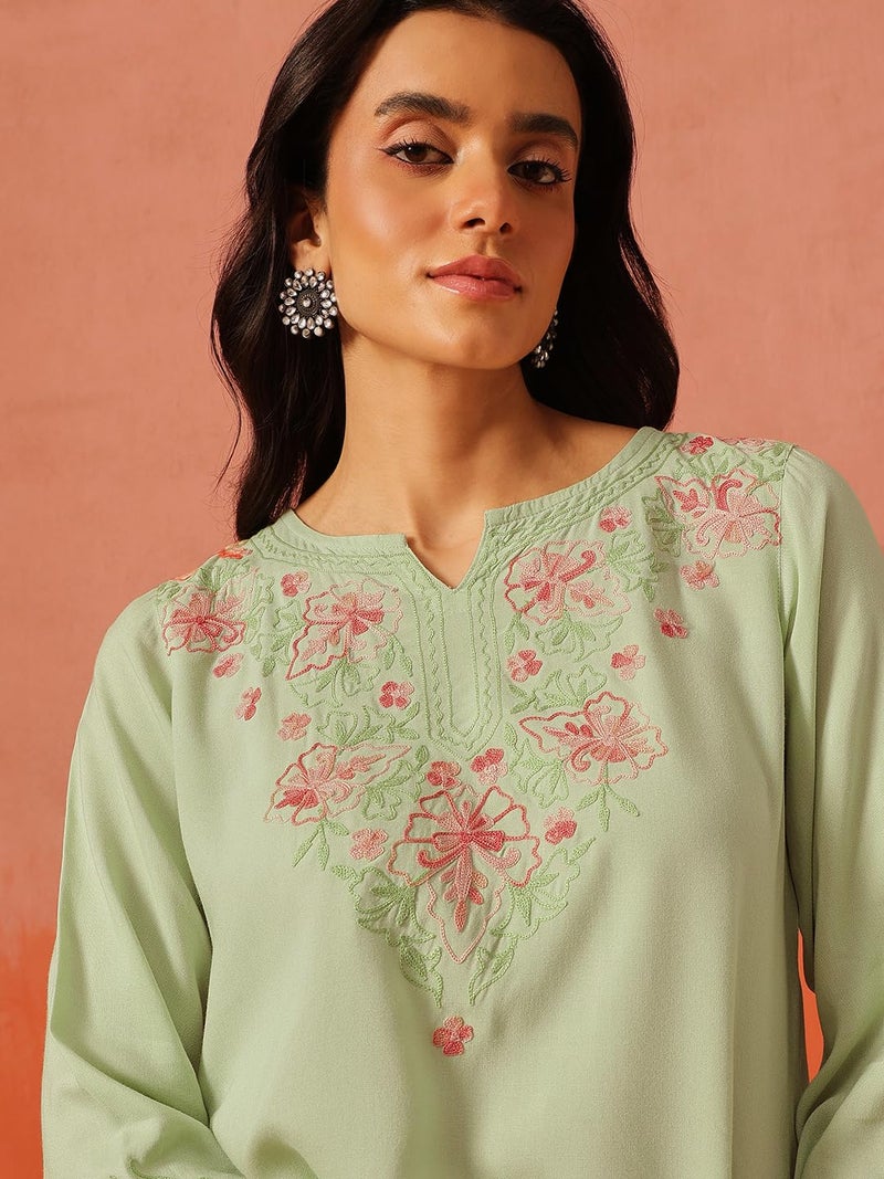 QAZMI Women's Kashmiri A-Line Pastel Green Kurti_M - Image 2