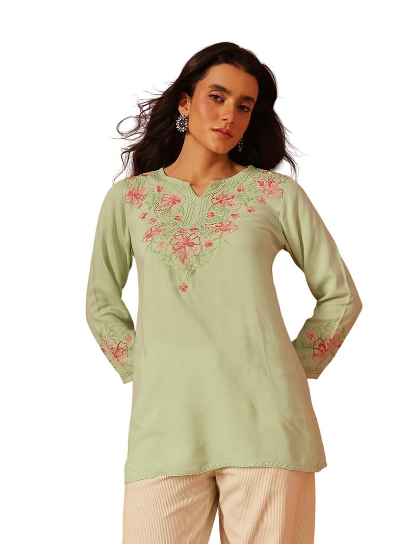 QAZMI Women's Kashmiri A-Line Pastel Green Kurti_M - Image 1