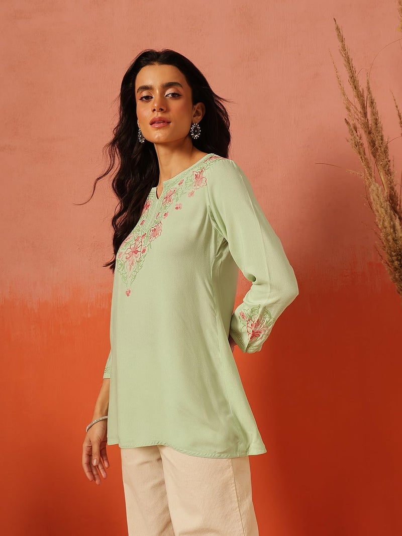 QAZMI Women's Kashmiri A-Line Pastel Green Kurti_M - Image 4