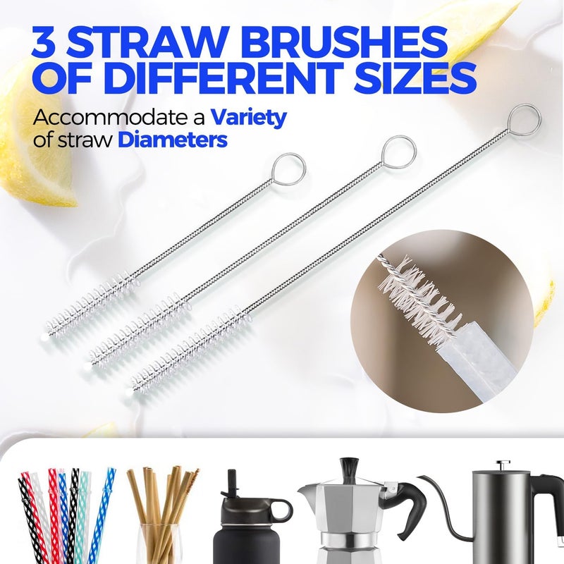 Holikme 5Piece Bottle Brush Cleaner Set  14 Stainless Steel Handle 3 Straw Brushes Cleans Water Bottles Cups Baby Bottles Black  Grey - Image 5