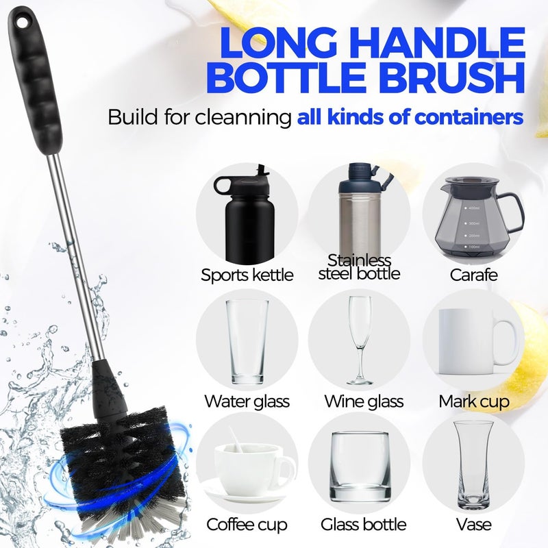 Holikme 5Piece Bottle Brush Cleaner Set  14 Stainless Steel Handle 3 Straw Brushes Cleans Water Bottles Cups Baby Bottles Black  Grey - Image 3