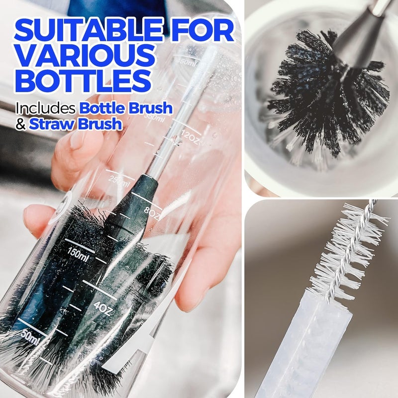 Holikme 5Piece Bottle Brush Cleaner Set  14 Stainless Steel Handle 3 Straw Brushes Cleans Water Bottles Cups Baby Bottles Black  Grey - Image 4