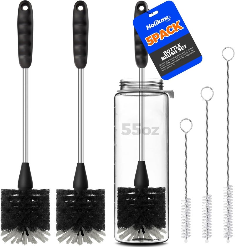Holikme 5Piece Bottle Brush Cleaner Set  14 Stainless Steel Handle 3 Straw Brushes Cleans Water Bottles Cups Baby Bottles Black  Grey - Image 1