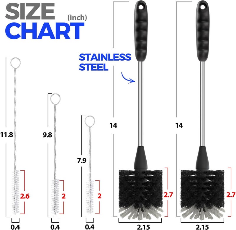 Holikme 5Piece Bottle Brush Cleaner Set  14 Stainless Steel Handle 3 Straw Brushes Cleans Water Bottles Cups Baby Bottles Black  Grey - Image 2