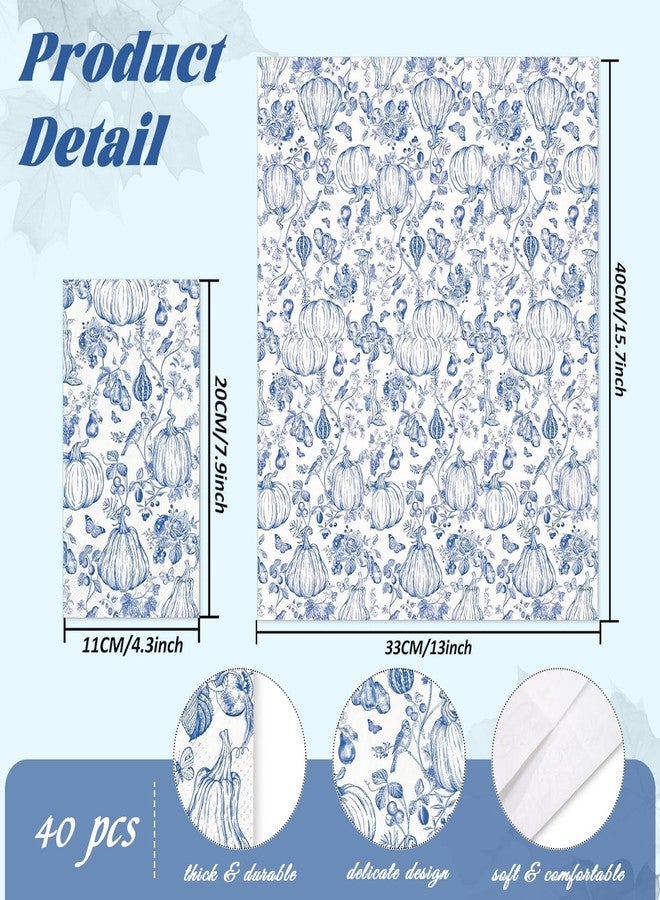 Whaline 40 Pcs Fall Guest Napkins Blue Line Drawing Chinoiserie Pumpkin Disposable Paper Napkin Dinner Hand Napkins for Autumn Kitchen Home Party Supplies Table Decor - Image 2