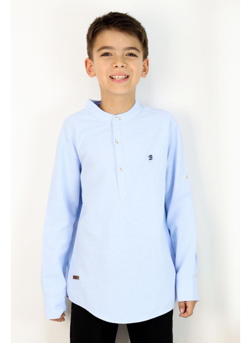 Breeze Boy's Shirt Letter Embroidered Half Button 8-12 Years, Light Blue  - Image 3