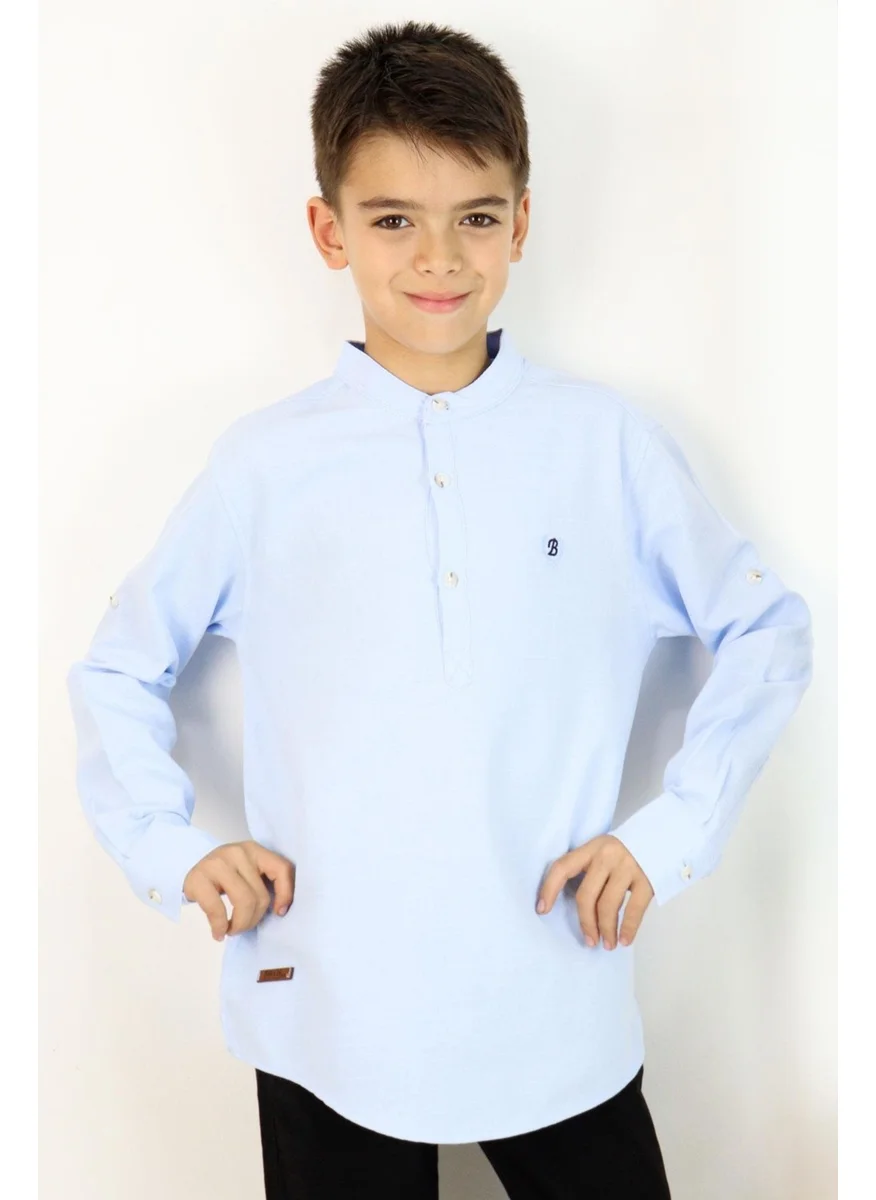Breeze Boy's Shirt Letter Embroidered Half Button 8-12 Years, Light Blue