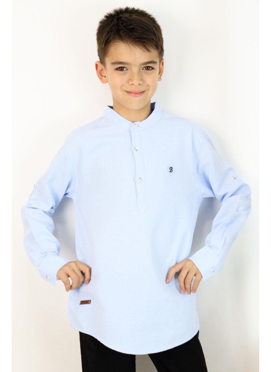 Breeze Boy's Shirt Letter Embroidered Half Button 8-12 Years, Light Blue  - Image 1