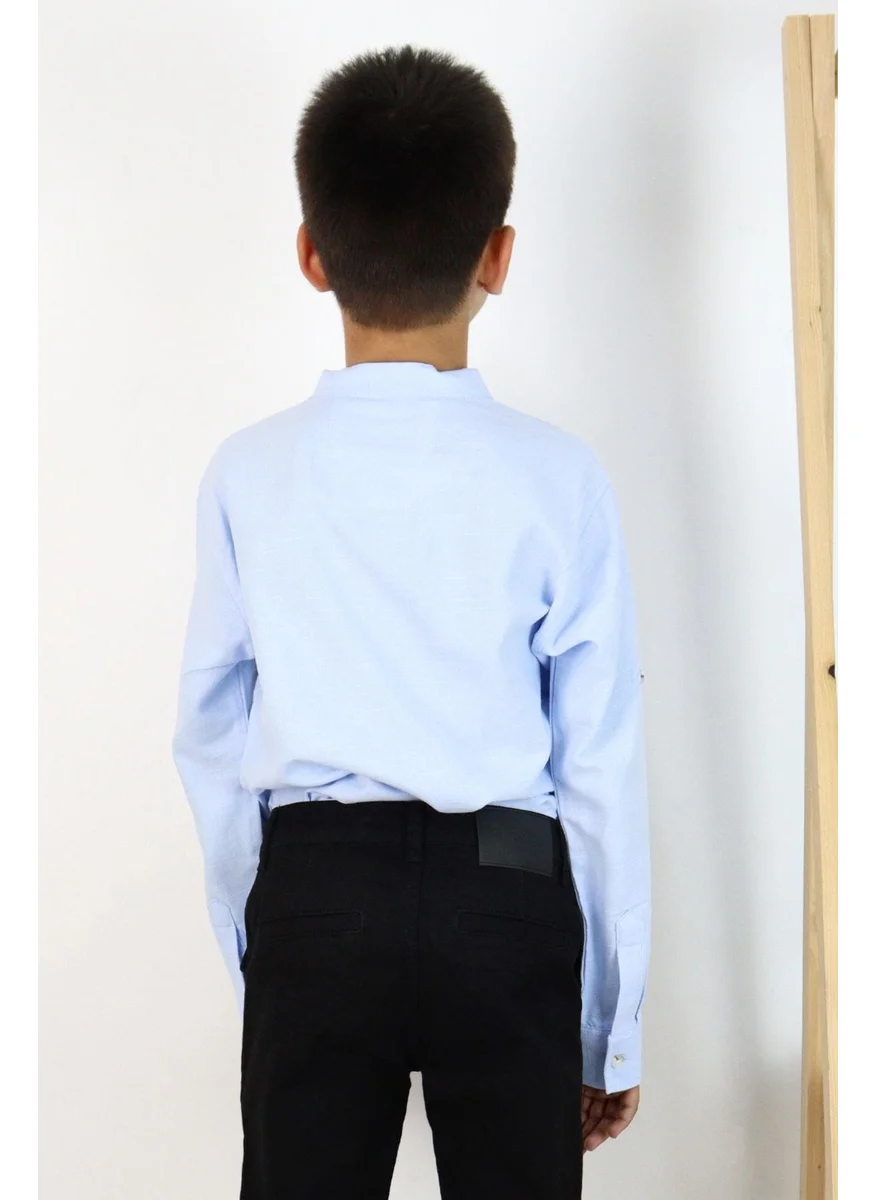 Breeze Boy's Shirt Letter Embroidered Half Button 8-12 Years, Light Blue