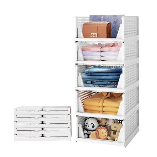 ADITYA POLYMERS Large Wardrobe Closet Organizers Pack of 5 | Foldable Stackable Clothes Storage Baskets | Adjustable Sliding Drawer Design | Space Saving Multipurpose Organizer for Cupboard Almirah - Image 1