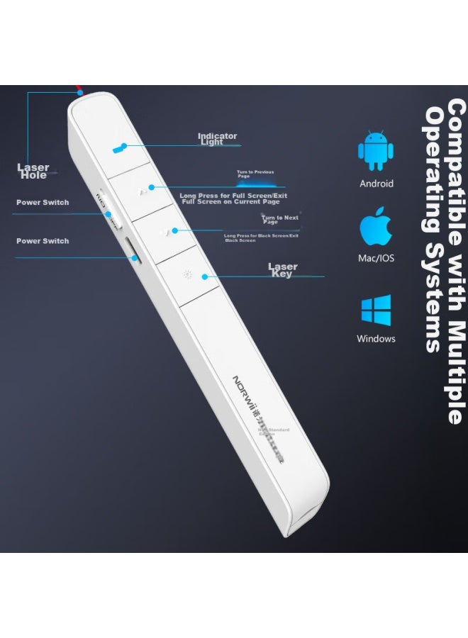 Norwii 100-meter Remote Control Smart Rechargeable Page-turning Pen, Ppt Multifunctional Laser Pointer, 360° nidirectional Projection Pen, Electronic Pointer, Presenter, N75 Red Light, White - Image 3
