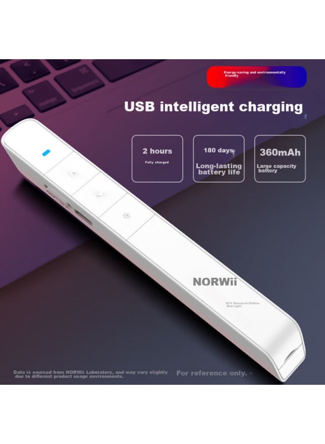 Norwii 100-meter Remote Control Smart Rechargeable Page-turning Pen, Ppt Multifunctional Laser Pointer, 360° nidirectional Projection Pen, Electronic Pointer, Presenter, N75 Red Light, White - Image 2