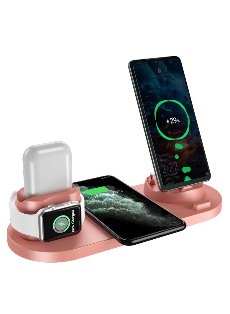 6-in-1 Wireless Charger Stand Pad for Apple Watch, iPhone 13/12/11/11 Pro/11 Pro Max/X/XS/XR, Samsung S20/S10, and Other Qi Phones: Charging Dock Station (Pink)  - Image 1