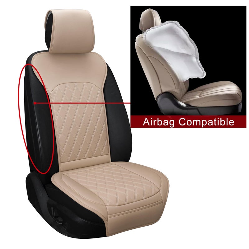 Sanwom Front Car Seat Covers - Leather Seat Covers with Storage Pocket and Two Belt Pads, Anti-Slip Waterproof Universal Seat Covers for Cars Fit Cars Trucks SUV(Beige,2 Pack) - Image 4
