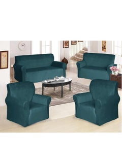 EVORY HOME 4 Pieces of Velvet non-slip Super Stretchable Sofa Covers Set for Seven Seats in Green  - Image 1