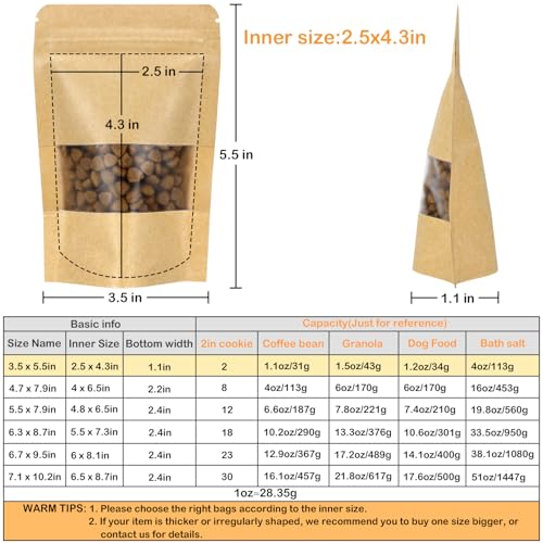 Blisstime Stand Up Pouches, 50 Pack Kraft Paper Bags with Matte Window and Tear Notch Resealable Bags for Small Business Home Use (3.5 X 5.5 Inches) - Image 2