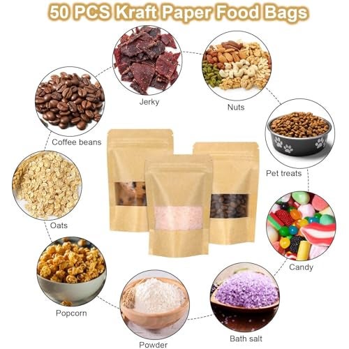 Blisstime Stand Up Pouches, 50 Pack Kraft Paper Bags with Matte Window and Tear Notch Resealable Bags for Small Business Home Use (3.5 X 5.5 Inches) - Image 4