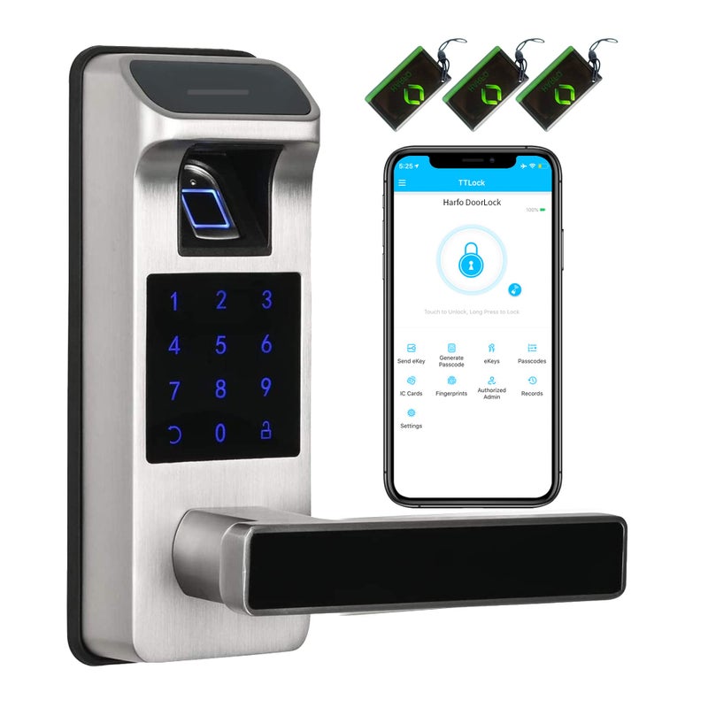 Harfo Smart Door Lock, Heavy Duty 5 in 1 Keyless Entry Door Lock, Full App Control Digital Keypad Lock, Reversible Handle with Fingerprints and Passcodes for Family/Office/Apartment (Satin Nickel) - Image 1