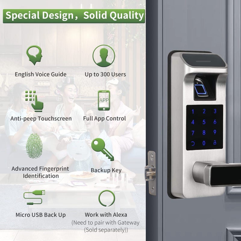 Harfo Smart Door Lock, Heavy Duty 5 in 1 Keyless Entry Door Lock, Full App Control Digital Keypad Lock, Reversible Handle with Fingerprints and Passcodes for Family/Office/Apartment (Satin Nickel) - Image 2
