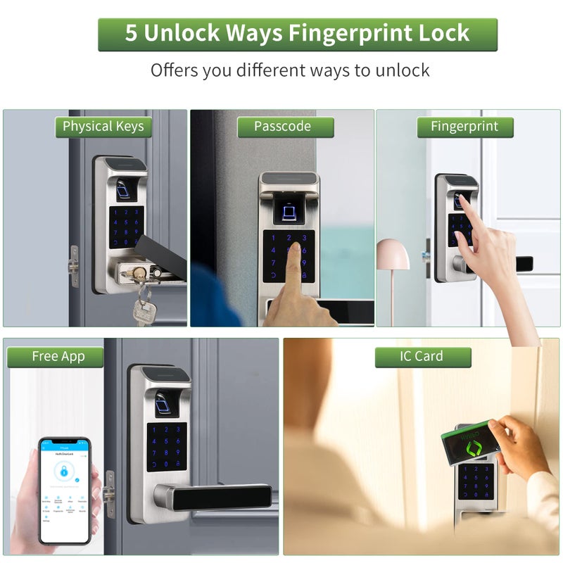 Harfo Smart Door Lock, Heavy Duty 5 in 1 Keyless Entry Door Lock, Full App Control Digital Keypad Lock, Reversible Handle with Fingerprints and Passcodes for Family/Office/Apartment (Satin Nickel) - Image 3