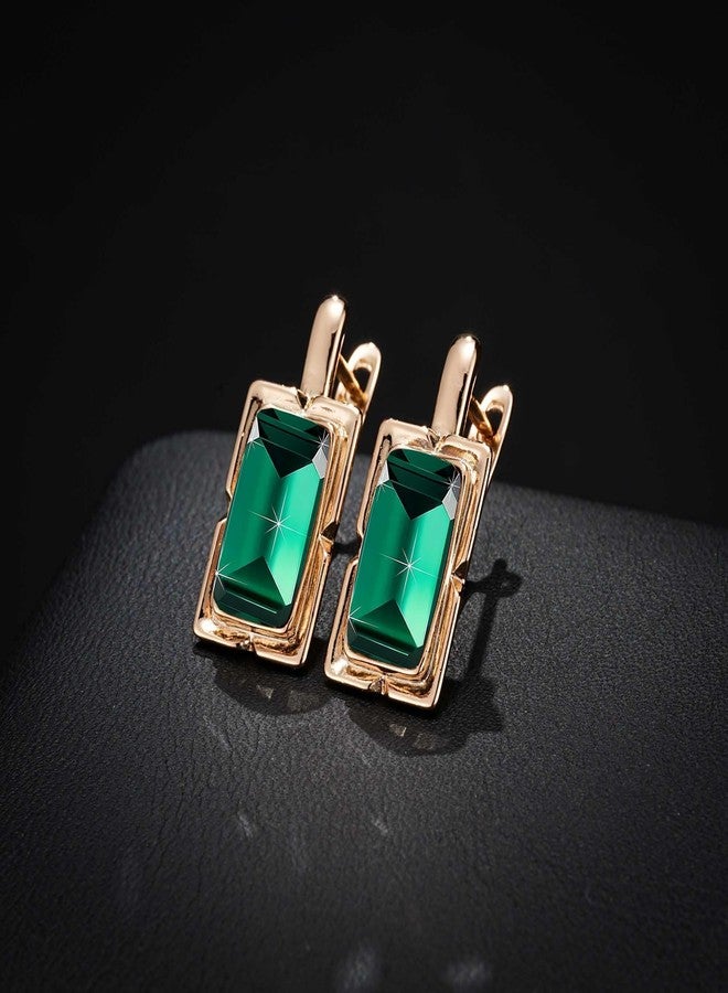 EVEVIC Austrian Crystal Leverback Earrings for Women Baguette Crystal Drop Earrings 14K Rose Gold Plated Hypoallergenic Jewelry Gift (Emerald Green) - Image 3