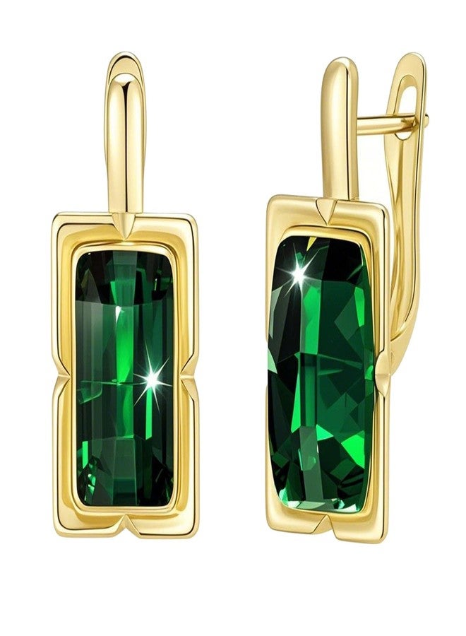 EVEVIC Austrian Crystal Leverback Earrings for Women Baguette Crystal Drop Earrings 14K Rose Gold Plated Hypoallergenic Jewelry Gift (Emerald Green) - Image 1