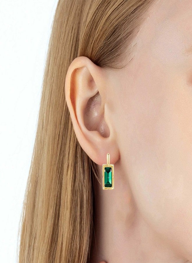 EVEVIC Austrian Crystal Leverback Earrings for Women Baguette Crystal Drop Earrings 14K Rose Gold Plated Hypoallergenic Jewelry Gift (Emerald Green) - Image 2