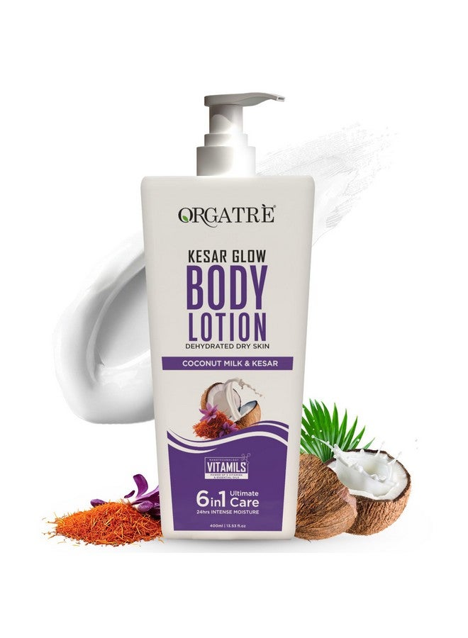 ORGATRE Kesar Glow Body Lotion for Dry Skin | Coconut Milk & Saffron | Deep Moisturization & Brightening | 24H Intense Hydration | For Women, Men & Kids | Antioxidant Protection - 400ml - Image 1