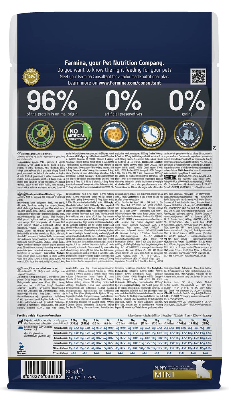 Farmina N&D Pumpkin Puppy Mini Dog Food | Lamb, Blueberry & Pumpkin | Rich in Anti-oxidants|Complete Food for Puppies | 0.8kg | No Artificial Preservatives - Image 2