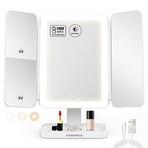 EASEHOLD Lighted Makeup Mirror with 3X Magnification, 3 Color Lights & Touch Sensor - Rechargeable Trifold Vanity Mirror for Travel, Desk, Home Use - Image 1