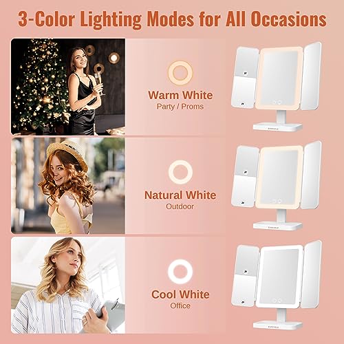 EASEHOLD Lighted Makeup Mirror with 3X Magnification, 3 Color Lights & Touch Sensor - Rechargeable Trifold Vanity Mirror for Travel, Desk, Home Use - Image 3